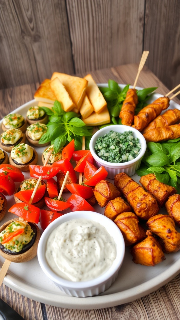 A platter of assorted appetizers featuring stuffed mushrooms, bruschetta, and chicken skewers on a rustic table.